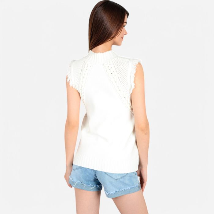 Women's Sleeveless Knit Sweater Top with Fringe Shoulder Detail