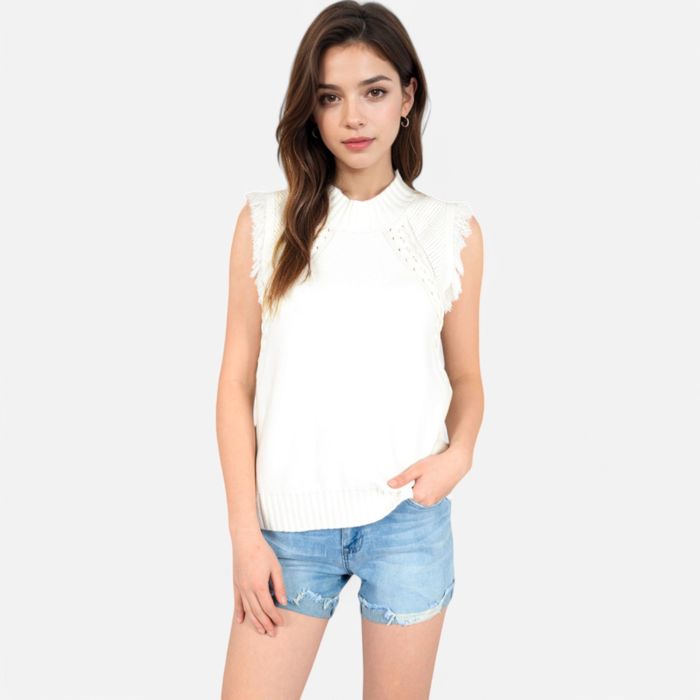 Women's Sleeveless Knit Sweater Top with Fringe Shoulder Detail