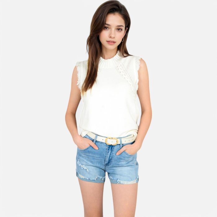 Women's Sleeveless Knit Sweater Top with Fringe Shoulder Detail