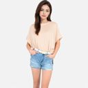 Beige Medium Women's Oversized Knit Pullover Top with Side Slits and Ribbed Texture