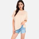 Beige Small Women's Oversized Knit Pullover Top with Side Slits and Ribbed Texture
