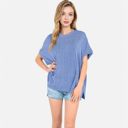 Blue Medium Women's Oversized Knit Pullover Top with Side Slits and Ribbed Texture