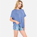 Blue Medium Women's Oversized Knit Pullover Top with Side Slits and Ribbed Texture