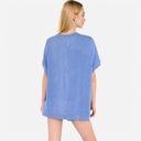 Blue Medium Women's Oversized Knit Pullover Top with Side Slits and Ribbed Texture