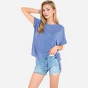 Blue Medium Women's Oversized Knit Pullover Top with Side Slits and Ribbed Texture