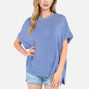 Blue XL Women's Oversized Knit Pullover Top with Side Slits and Ribbed Texture
