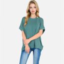 Green Medium Women's Oversized Knit Pullover Top with Side Slits and Ribbed Texture