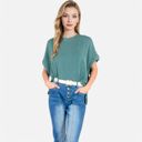 Green XL Women's Oversized Knit Pullover Top with Side Slits and Ribbed Texture