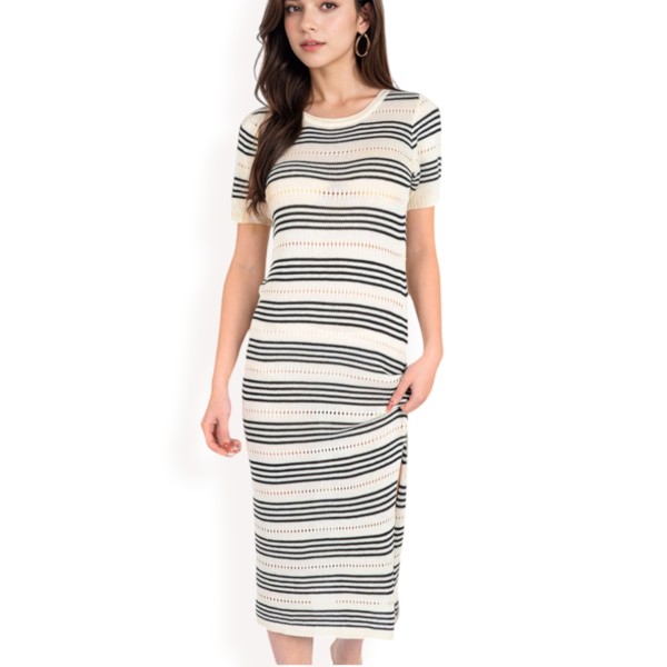 Anna-Kaci Women's Striped Knit Midi Dress with Side Slit- Light Beige Women's Striped Knit Midi Dress with Side Slit | Jane.com