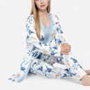 Blue Medium Women's Floral Print 3-Piece Pajama Set with Long Cardigan