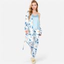 Blue Small Women's Floral Print 3-Piece Pajama Set with Long Cardigan