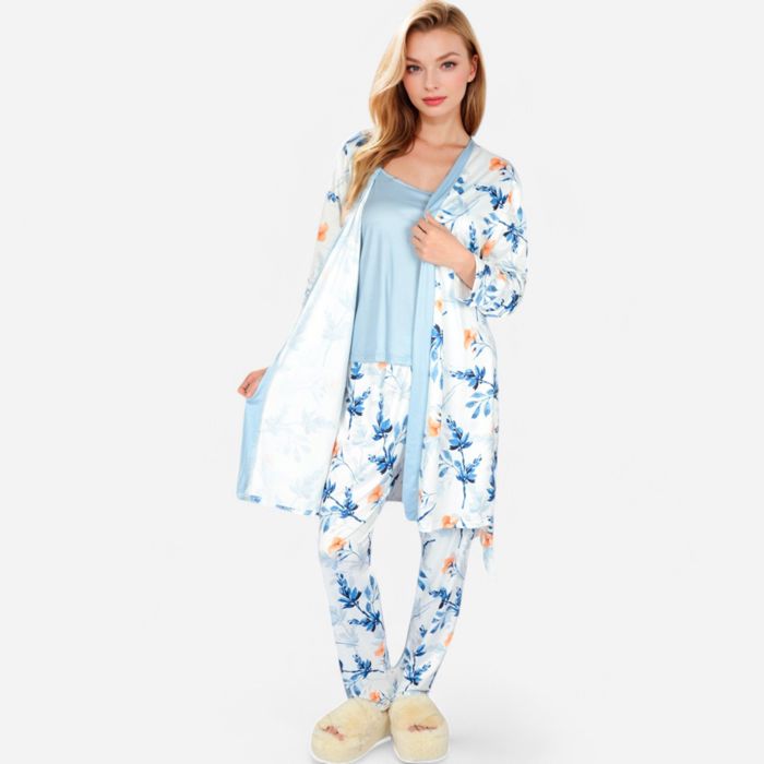 Women's Floral Print 3-Piece Pajama Set with Long Cardigan