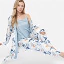 Blue XL Women's Floral Print 3-Piece Pajama Set with Long Cardigan
