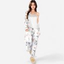 Gray Large Women's Floral Print 3-Piece Pajama Set with Long Cardigan