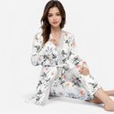 Gray Medium Women's Floral Print 3-Piece Pajama Set with Long Cardigan