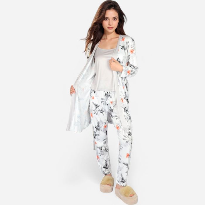 Women's Floral Print 3-Piece Pajama Set with Long Cardigan