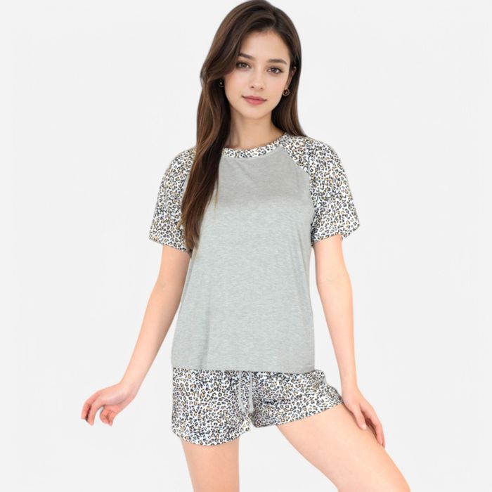 Women's Leopard Print Short Sleeve Pajama Set with Drawstring Shorts