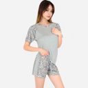 Gray Medium Women's Leopard Print Short Sleeve Pajama Set with Drawstring Shorts