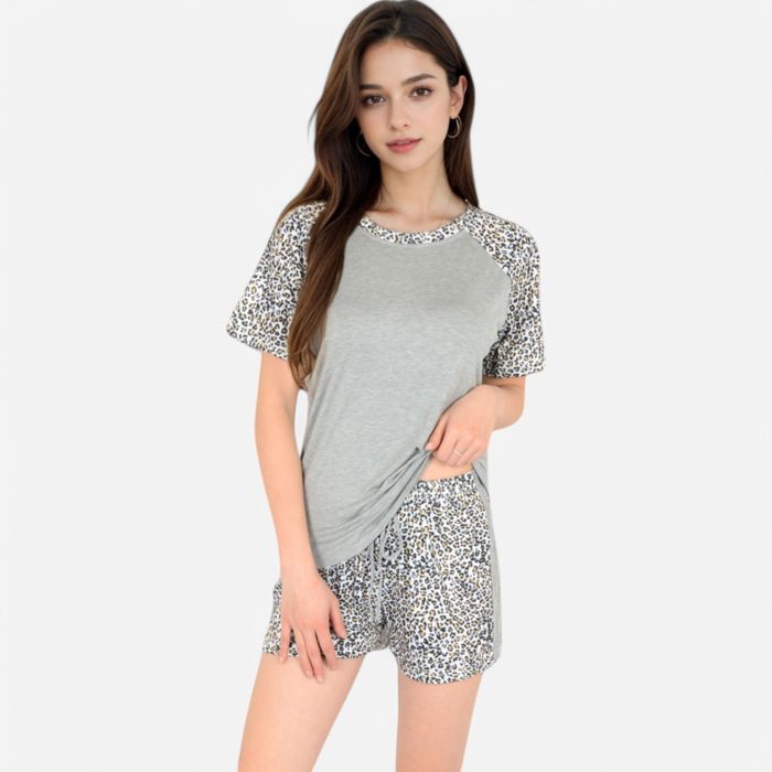 Women's Leopard Print Short Sleeve Pajama Set with Drawstring Shorts