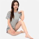 Gray Medium Women's Leopard Print Short Sleeve Pajama Set with Drawstring Shorts