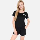 Black Large Women's Lace Trim Short Sleeve Pajama Set with Pocket Detail