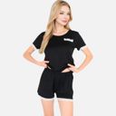 Black Large Women's Lace Trim Short Sleeve Pajama Set with Pocket Detail