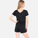Black Large Women's Lace Trim Short Sleeve Pajama Set with Pocket Detail