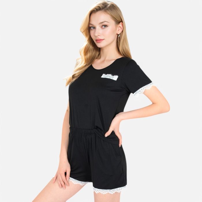 Women's Lace Trim Short Sleeve Pajama Set with Pocket Detail