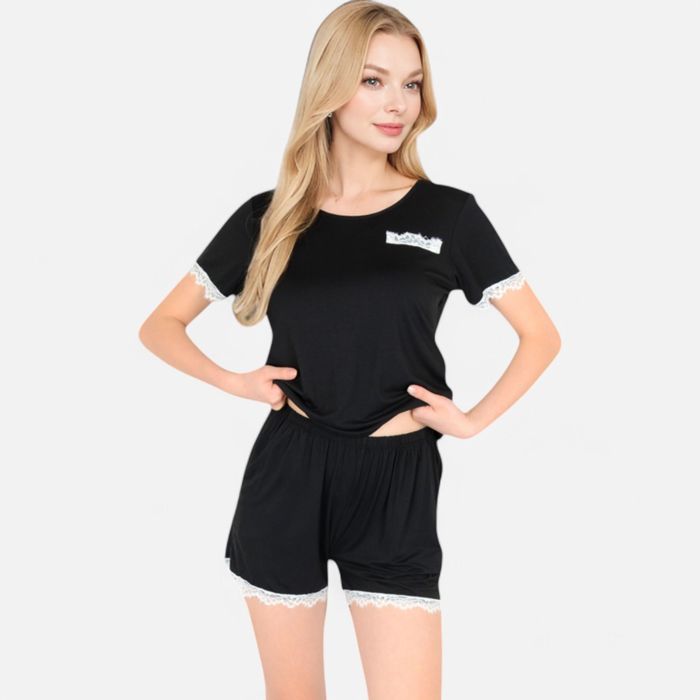 Women's Lace Trim Short Sleeve Pajama Set with Pocket Detail