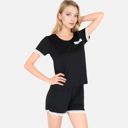 Black Medium Women's Lace Trim Short Sleeve Pajama Set with Pocket Detail
