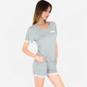 Gray Large Women's Lace Trim Short Sleeve Pajama Set with Pocket Detail