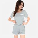 Gray Large Women's Lace Trim Short Sleeve Pajama Set with Pocket Detail