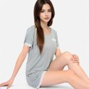 Gray Large Women's Lace Trim Short Sleeve Pajama Set with Pocket Detail