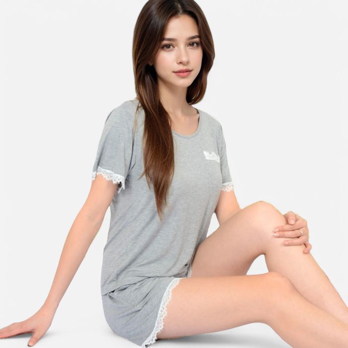 Women's Lace Trim Short Sleeve Pajama Set with Pocket Detail