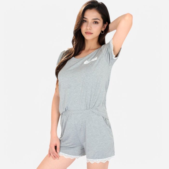 Women's Lace Trim Short Sleeve Pajama Set with Pocket Detail