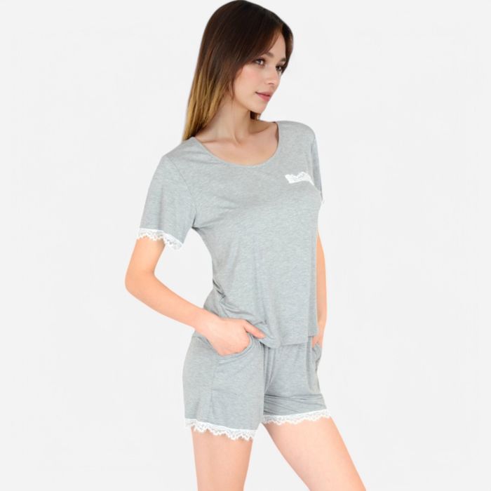 Women's Lace Trim Short Sleeve Pajama Set with Pocket Detail