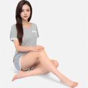 Gray Medium Women's Lace Trim Short Sleeve Pajama Set with Pocket Detail