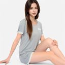 Gray Small Women's Lace Trim Short Sleeve Pajama Set with Pocket Detail