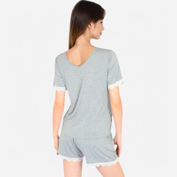 Women's Lace Trim Short Sleeve Pajama Set with Pocket Detail