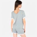 Gray XL Women's Lace Trim Short Sleeve Pajama Set with Pocket Detail