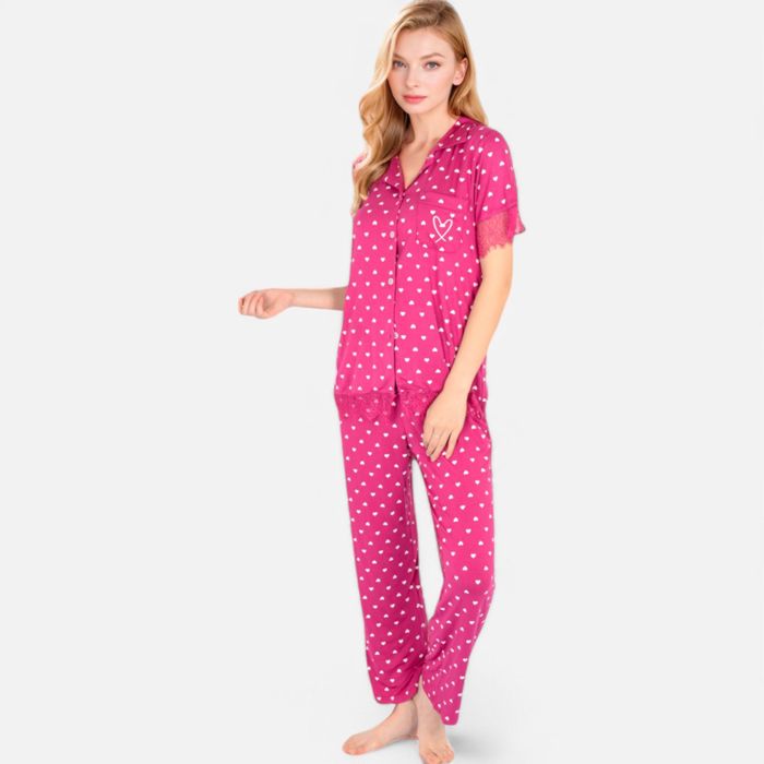 Women's Polka Dot Short Sleeve Button-Up Pajama Set with Pocket Detail