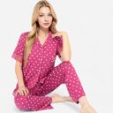 Orange Medium Women's Polka Dot Short Sleeve Button-Up Pajama Set with Pocket Detail