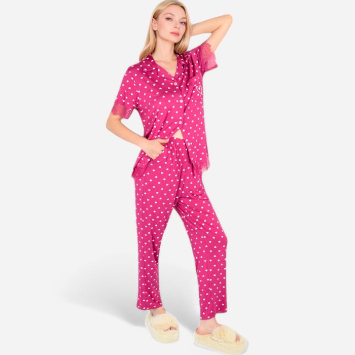 Women's Polka Dot Short Sleeve Button-Up Pajama Set with Pocket Detail