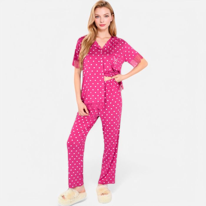 Women's Polka Dot Short Sleeve Button-Up Pajama Set with Pocket Detail
