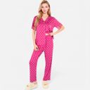 Orange Medium Women's Polka Dot Short Sleeve Button-Up Pajama Set with Pocket Detail