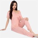 Pink Large Women's Polka Dot Short Sleeve Button-Up Pajama Set with Pocket Detail