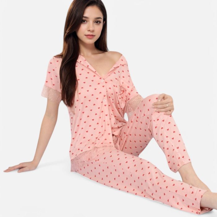 Women's Polka Dot Short Sleeve Button-Up Pajama Set with Pocket Detail