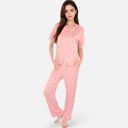 Pink Medium Women's Polka Dot Short Sleeve Button-Up Pajama Set with Pocket Detail