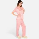 Pink Medium Women's Polka Dot Short Sleeve Button-Up Pajama Set with Pocket Detail