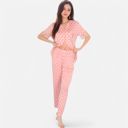 Pink Medium Women's Polka Dot Short Sleeve Button-Up Pajama Set with Pocket Detail